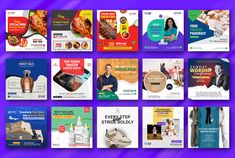 several different ads are displayed on purple and blue background