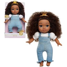 the doll is wearing overalls and a gold crown on top of it's head