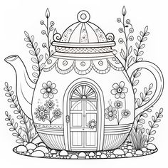 a teapot with flowers and plants around it, in the shape of a house