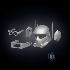 a star wars helmet and accessories are shown in this image, with the dark background