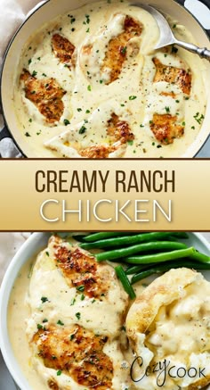 Creamy Ranch Chicken topped with a creamy white ranch sauce and a side of baked potatoes and green beans Chicken Dinner Recipes Easy, Creamy Ranch Chicken, Easy Chicken Dinner, Ranch Chicken Recipes, Chicken Tenderloin Recipes, Vegan Burrito, Easy Skillet Meals, Creamy Ranch, Dinner Recipes Easy