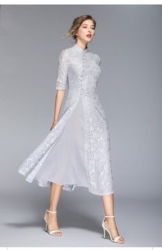 Mandarin Collar Button Lace Split Hem A-Line Mid-Calf Dress | Uniqistic.com Mandarin Collar Dress, Mid Calf Dresses, Women Dresses Classy, Lace Dress Long, Silver Dress, Lace Midi Dress, One Piece Dress, Party Dresses For Women, Split Hem