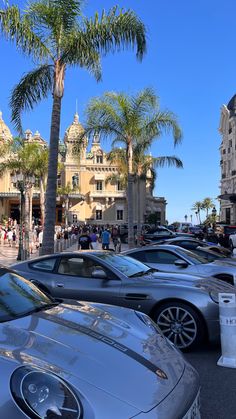 many cars parked on the street in front of palm trees