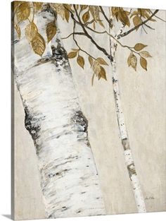 a painting of two white birch trees with brown leaves