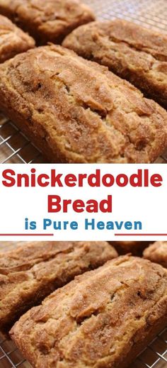 a close up of some cookies on a rack with the words, snickkerdoodle bread is pure heaven