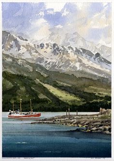 a painting of a boat in the water near mountains