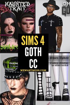 an advertisement for goth clothing and accessories with the words, sims 4 goth cc