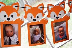 three pictures of babies hanging from a clothes line with the faces of foxes on them