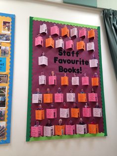 a bulletin board with sticky notes attached to it that says start favorite books on the wall