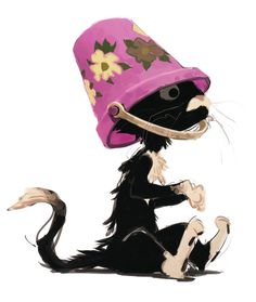 a black cat wearing a pink hat and sitting on the ground with its legs crossed