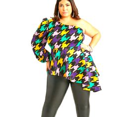 Teal Yellow Purple And White In A Hound Tooth Design Glitter In This Pattern Reasonable Offers One Shoulder 1 Size 14/16 1 Size 10/12 Valentines Day Looks, Hyper Feminine, Tooth Design, Sleeveless Peplum Top, Asymmetric Top, Feminine Fashion, Trendy Aesthetic, Teal Yellow, Fancy Blouses