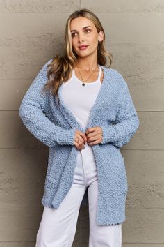 Zenana Falling For You Full Size Open Front Popcorn Cardigan – A Lark And A Lady Blue Popcorn, The Cardigans, Longline Cardigan, Color Pastel, Blue Cardigan, Fall For You, Blue Style, Everyday Wardrobe, Pastel Blue