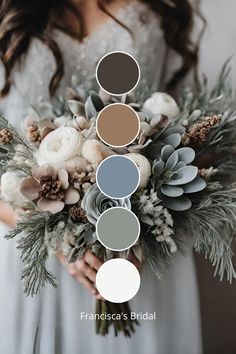 a woman holding a bouquet with flowers and greenery in the colors grey, brown, white