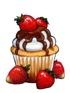 a drawing of a cupcake with strawberries on top and chocolate sauce drizzled over it