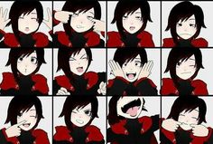 many different images of an anime character with black hair and red shirt, holding his hand up