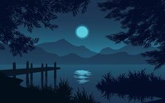 a night scene with the moon rising over water and mountains in the distance, as seen from a wooden dock