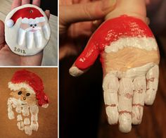 someone is holding out their hand with paint on it and santa's hat painted on the palm