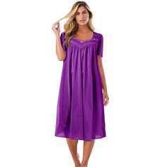 This feminine nightgown is soft and comfy with a sweeping silhouette made from a cling-free knit. Flutter sleeves and a sweetheart neckline adorned with lace, rosettes and a bow will make you feel like a princess. And with a lightweight, silky smooth fabric, you’ll sleep like a princess too. Feminine Nightgown, Sequin Tunic, One Piece Clothing, One Piece Pajamas, Womens Crewneck, Plus Size Shorts, A Princess, Cozy Knits, Flutter Sleeves