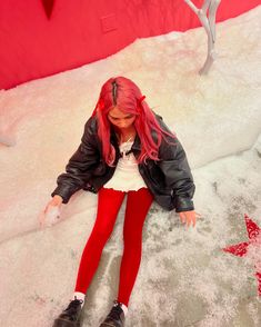 This pop up was too cute!❤️🥀🤍 . . . . #kpop #once #twice #winteroutfit red tights outfit. Red leggings outfit. Fall outfit inspo. Winter outfit inspo. Christmas outfit inspo. Red outfit. Red hair ribbon #feelingfestive24 holiday outfit. Leather jacket outfit. Kpop outfit inspo.