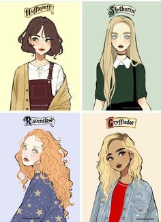 four girls with different hair styles and their name tags on the top one is harry potter