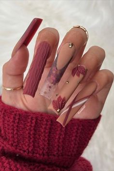 Fall Burgundy Nails Acrylic, Fall Nails Acrylic Long, Thanksgiving Nail Designs Acrylic, Pink Nails For Fall, Pink Fall Nail Ideas, Nude Fall Nail Designs, Thanksgiving Nails Square, Fall Glitter Nails