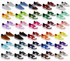 many different colors of shoes are shown in this image with the same shoe color and size