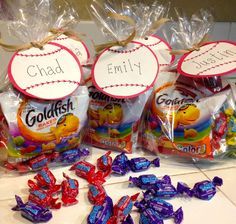 candy wrapped in cellophane and labeled with the names of their favorite children's candies