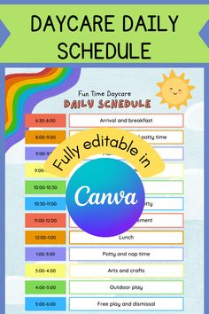 the daycare daily schedule is shown with rainbows and clouds in the sky,