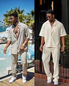 white two piece for men. 🤍 Dominican Republic Outfits Men, Elevated Casual Outfit Men, Brunch Outfits Men, Two Piece For Men, Black Men Casual Style, Men Casual Outfit, Brown Instagram, Vacation Outfits Men, White Two Piece