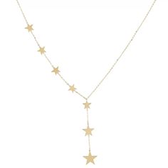 Gold Graduated Star Drop Lariat Y Necklace, Dainty Gold Necklace, Star Necklace, Gold Lariat, Gold Y Drop Necklace Rock this stunning gold vermeil multi star drop lariat necklace any day or night! Made up of 8 solid gold vermeil stars in a graduated pattern. Star sizes range from 7mm to 11mm. 14k Gold Plating over 925 Sterling Silver. No harsh chemicals. Hypoallergenic. Necklace Star, Star Necklace Gold, Small Bracelets, Y Necklace, Jewelry Accessories Ideas, Ball Bracelet, Dope Jewelry, Dainty Gold Necklace, Layered Jewelry