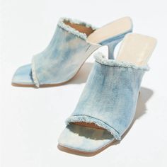 Open-Toe Mule Sandal Lifted By A Flared Heel, Squared Toe And Distressed Jeans Upper. Exclusive For Urban Outfitters Spot Clean Very Chic And Trendy Urban Outfitters Tapestry, Denim Mules, Mule Heel, Mules Sandals, Mule Heels, Urban Outfitters Shoes, Yellow Heels, Jeans With Heels, Lucky Brand Shoes