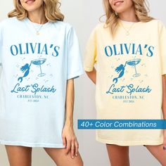 two women wearing t - shirts that say, oliva's last splash charleston