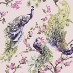 two peacocks are sitting on the branches of a tree with pink flowers and green leaves