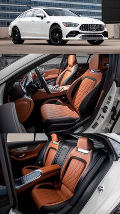 the inside and outside view of a white car with brown leather seats on display in front of a tall building