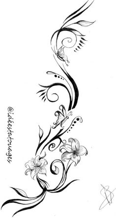 a tattoo design with flowers and swirls on the bottom half of its arm, in black