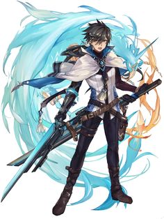 an anime character with blue hair holding two swords