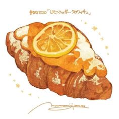 a drawing of a piece of bread with orange slices on it and stars around the edges