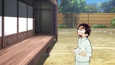 an anime character standing in front of a wooden building with his eyes closed and mouth wide open