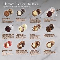 the ultimate dessert truffles recipe is shown on a marble counter top with chocolates and