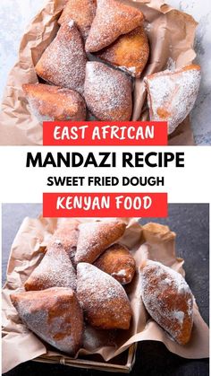 several different types of doughnuts on top of each other with the words, east african mandazi recipe sweet fried dough