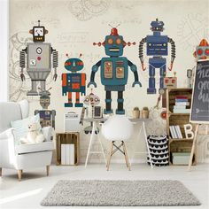 a living room filled with lots of furniture and wallpaper covered in robot decals