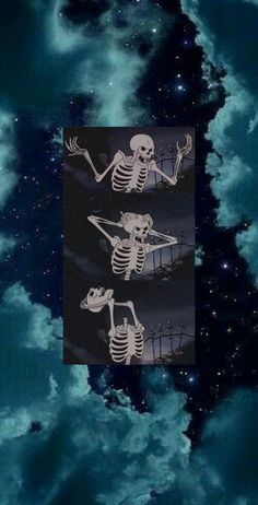 the skeleton is flying through the sky with two other skeletons in it's arms