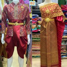 "Thai traditional Dress Comfortable to wear Thai Traditional Vintage Wedding Party Men-Women. Ready to wear. Free Size: Women Waist 24-32\" Not included jewelry. Please put Size of shoulder, bust , waist Men+Women And phone numbers ☎️" Long Sleeve Traditional Wear For Ceremonies And Festivals, Long Sleeve Traditional Wear For Ceremony And Festivals, Traditional Wear For Ceremonial Festivals, Traditional Wear For Ceremony And Festivals, Traditional Wear With Traditional Patterns For Ceremonies, Traditional Drape Wear For Ceremonies And Festivals, Thai Party, Vintage Dress Wedding, Vintage Wedding Party