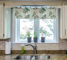 a kitchen sink under a window with birds on it