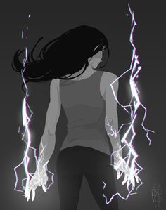 a woman with her hair in the air and some lightning bolts coming out of her back