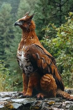 a large brown bird sitting on top of a rock covered ground in front of trees