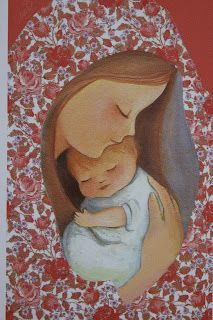 a painting of a woman holding a baby on top of a red and white background