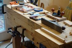 the workbench has many tools on it