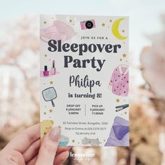 someone holding up a sleepover party flyer