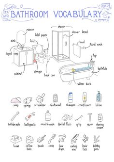 an image of bathroom vocabulary diagram with all the parts labeled in it